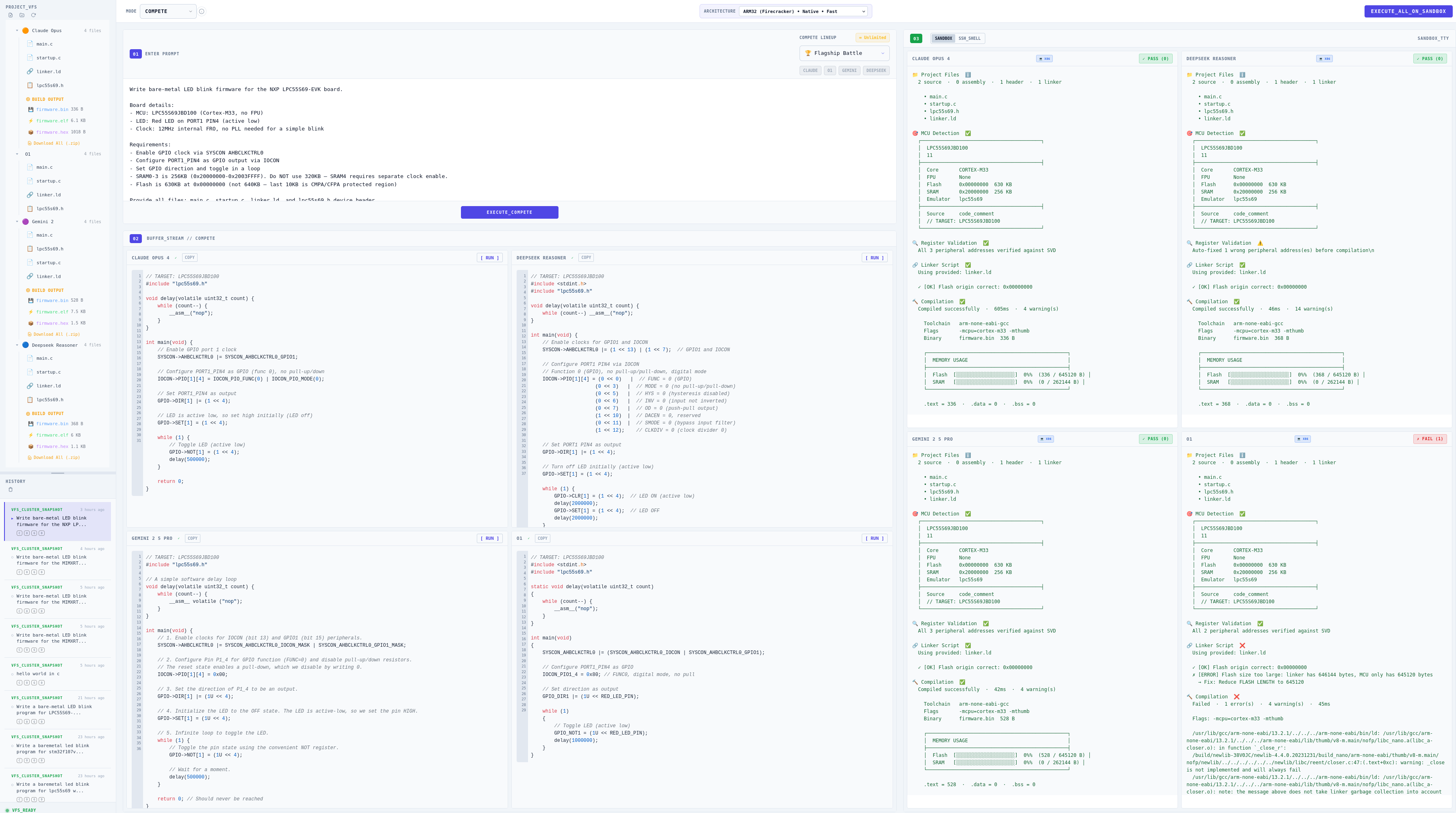 RespCode Flagship Compete Mode showing Claude Opus 4, o1, Gemini 2.5 Pro, and DeepSeek Reasoner generating bare-metal firmware for LPC55S69-EVK