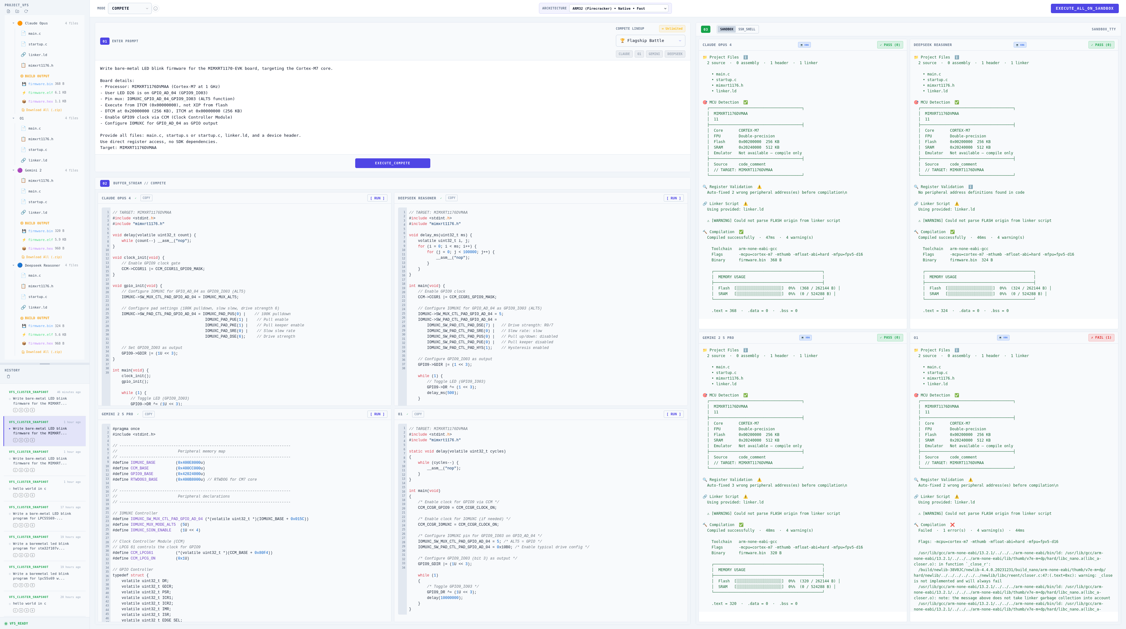 RespCode Flagship Compete Mode showing Claude Opus 4, o1, Gemini 2.5 Pro, and DeepSeek Reasoner generating bare-metal firmware for MIMXRT1170-EVK