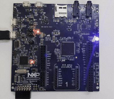 LED blinking on NXP LPC55S69-EVK board running AI-generated firmware from Gemini 2.5 Pro via RespCode